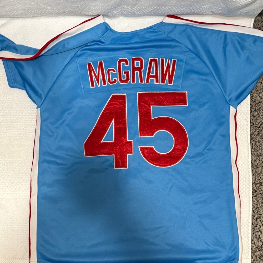Tug McGraw Blue Baseball Jersey with Red Accents - Picture 5 of 5